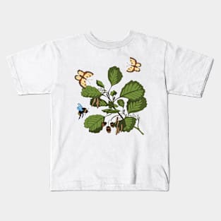 Botanical illustration of an alder plant, a butterfly and a bumblebee Kids T-Shirt